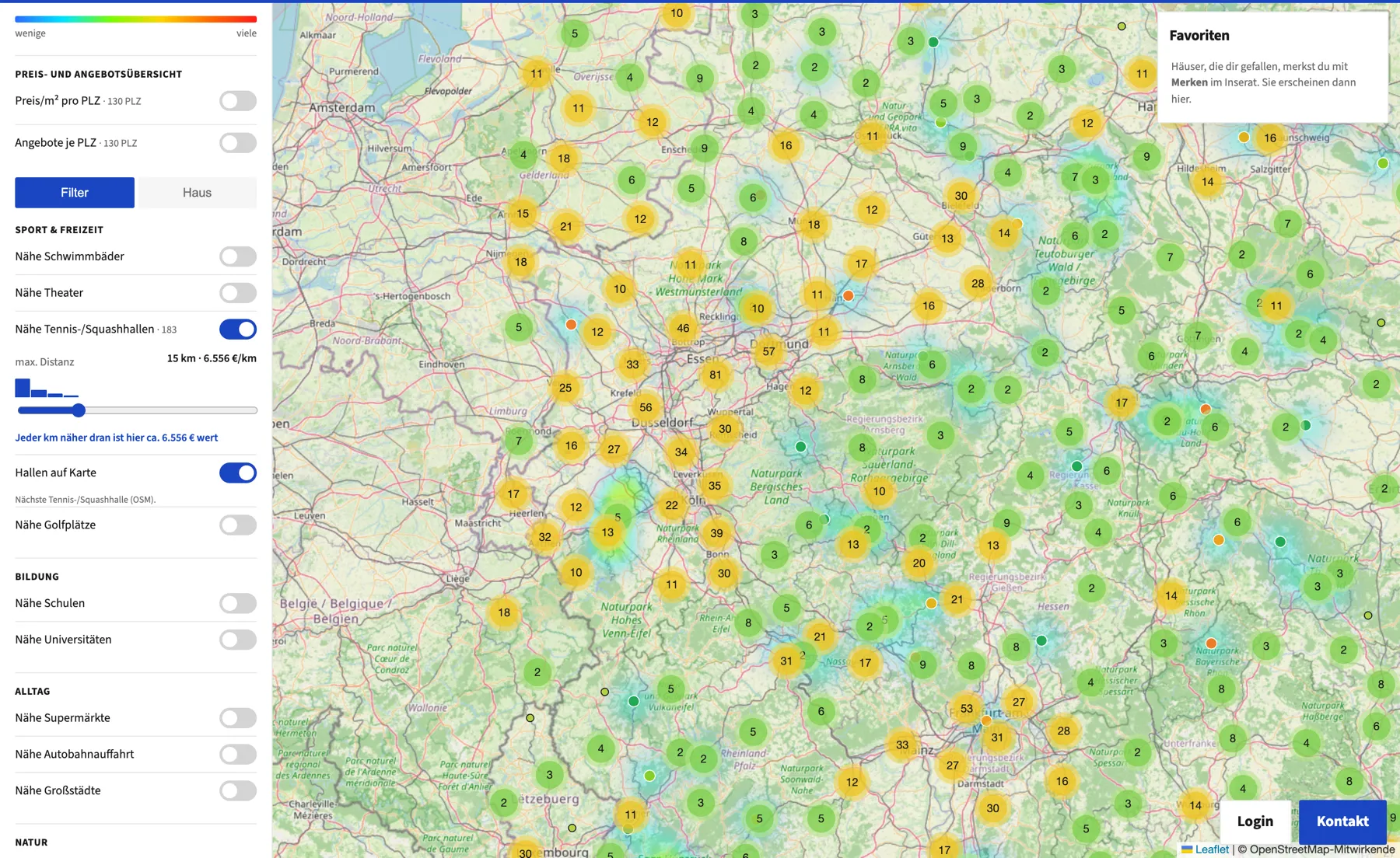 Filter für Häuser im Umkreis von 15 km einer Tennis-/Squashhalle – mit dem €/km-Schätzwert des linearen Modells direkt unterm Slider